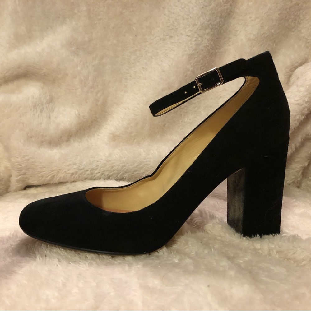 Ivanka Trump black velvet pumps size 8M, ankle strap, 3.5” block heel